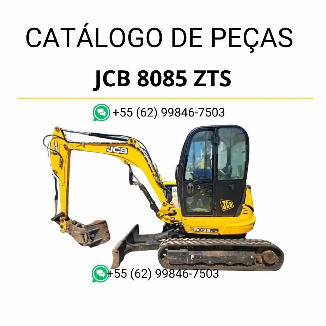 Catálogo de peças JCB 8085 ZTS em PDF, trazendo diagramas técnicos e identificação detalhada dos componentes da mini escavadora.