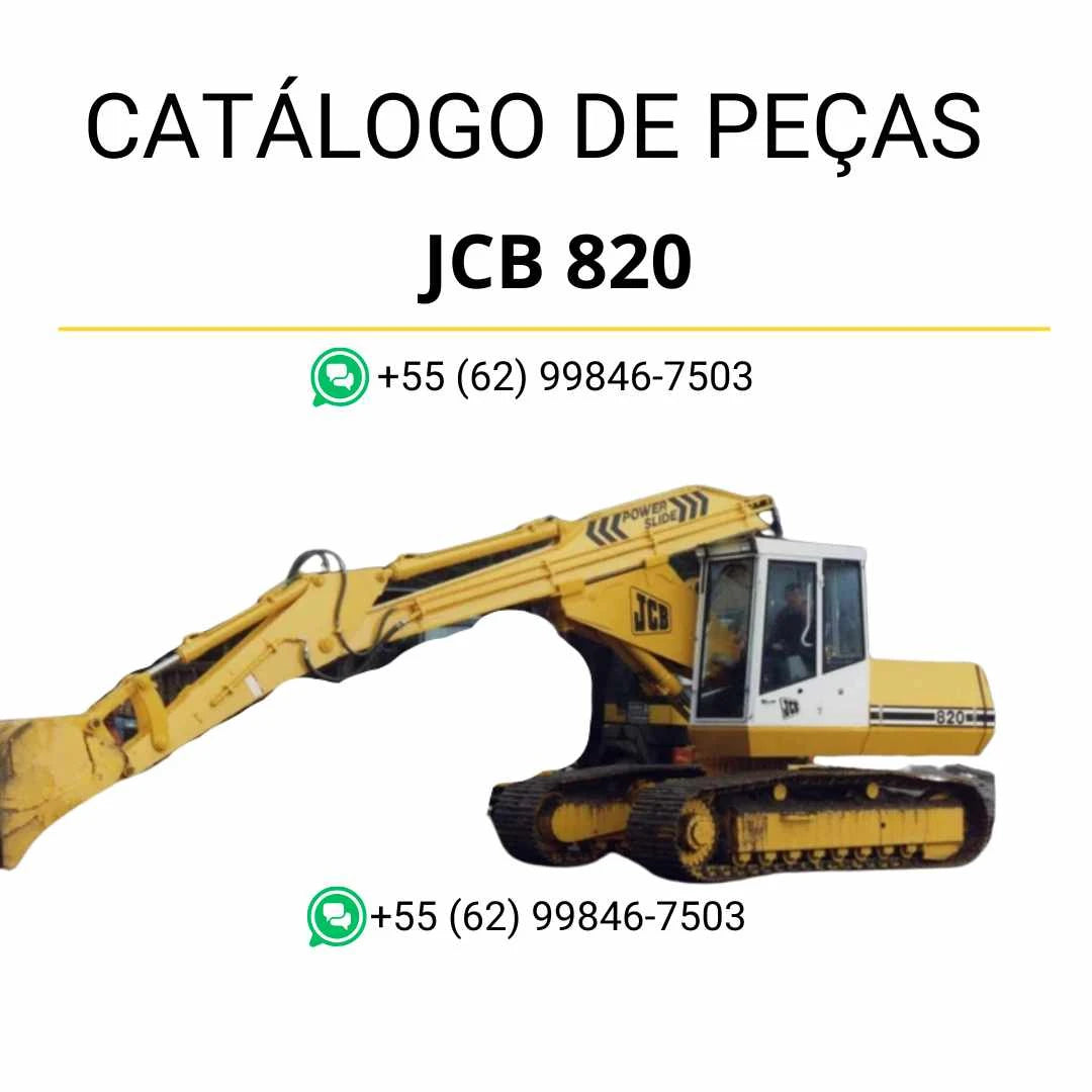 Catálogo de peças JCB 820 em PDF com ilustrações técnicas, componentes detalhados e identificação completa das mini escavadoras de rastos.