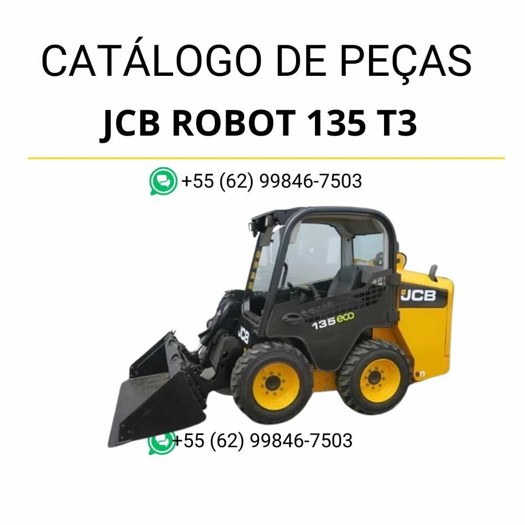 Catálogo de peças JCB Robot 135 T3 em PDF, com ilustrações técnicas, vistas detalhadas e identificação completa dos componentes da skid steer loader.