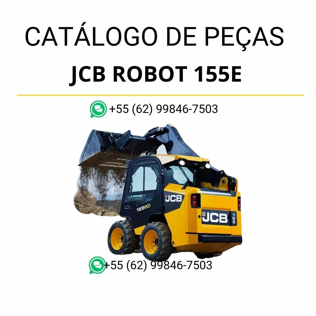 Catálogo de peças JCB Robot 155E em PDF, com ilustrações técnicas, vistas detalhadas e identificação dos principais componentes da skid steer loader.