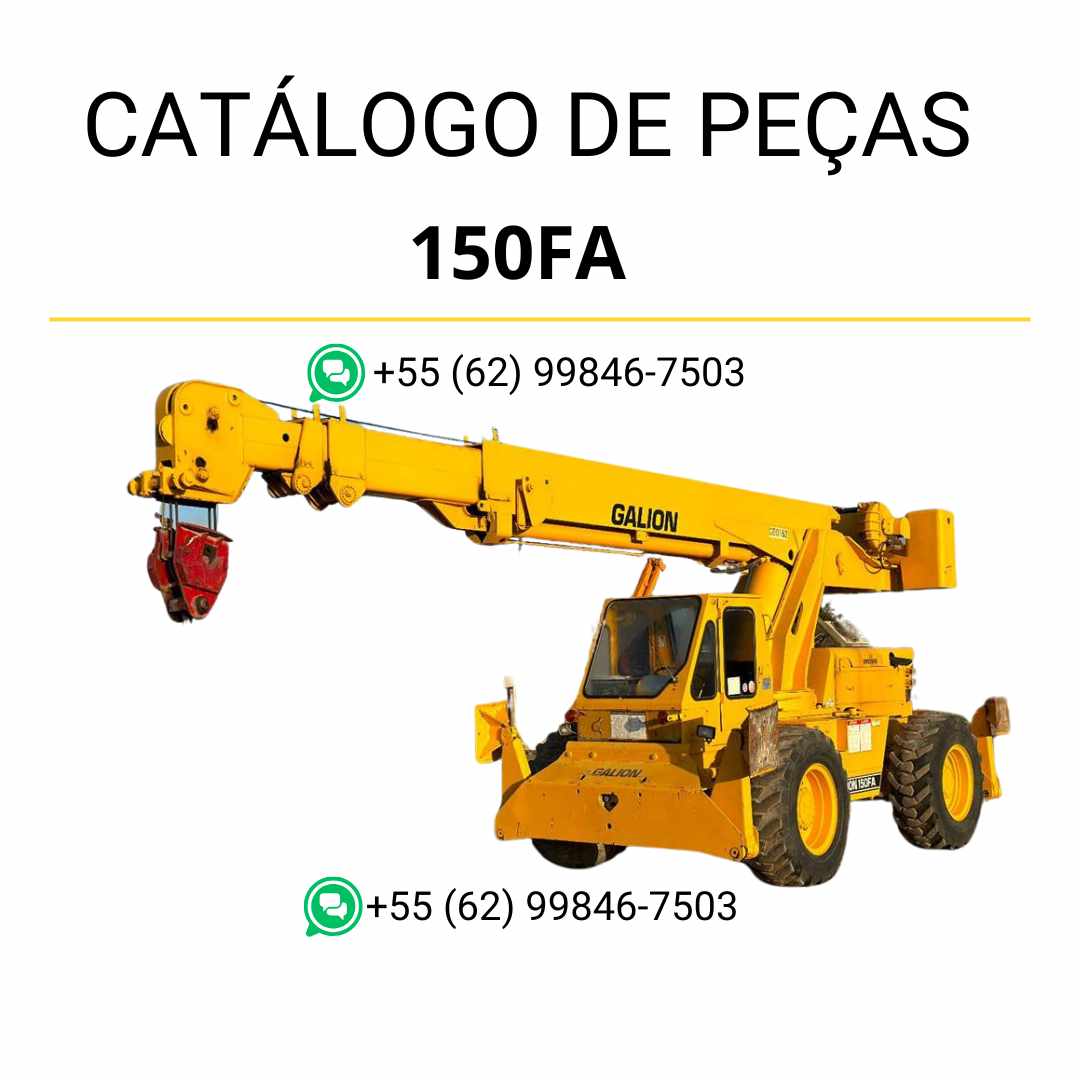 Catálogo de peças Komatsu 150A e 150FA em PDF, com ilustrações técnicas e lista de componentes originais do guindaste móvel.