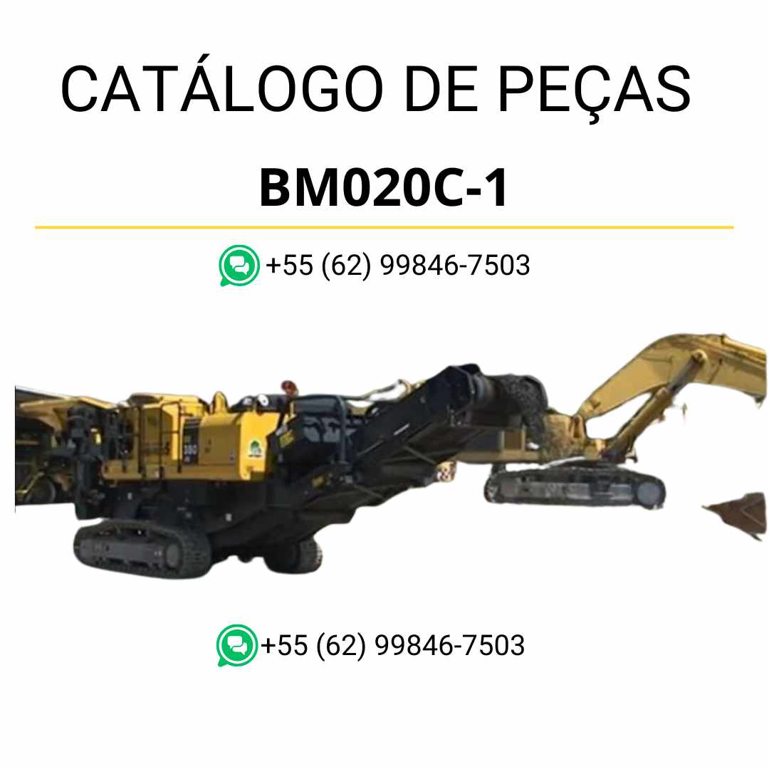Catálogo de peças Komatsu BM020C-1 em PDF, com ilustrações técnicas e identificação detalhada dos componentes do triturador e reciclador.