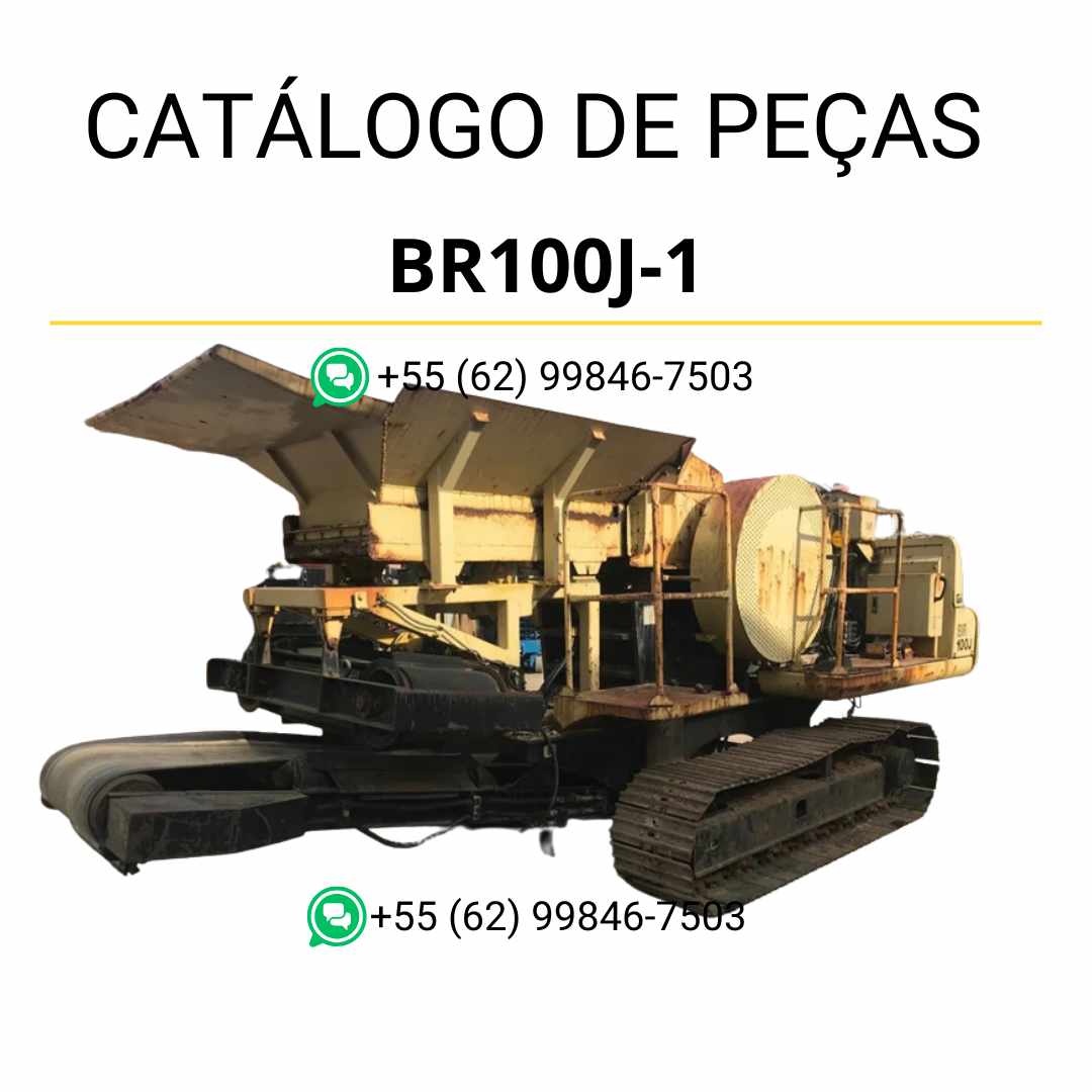 Catálogo de peças Komatsu BR100J-1 em PDF, com ilustrações técnicas e identificação detalhada dos componentes do triturador e reciclador.