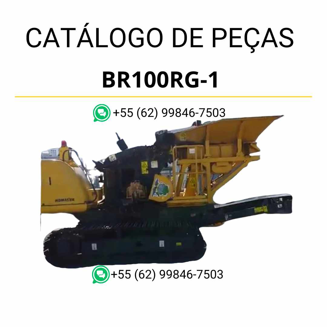 Catálogo de peças Komatsu BR100RG-1 em PDF, com ilustrações técnicas e identificação detalhada dos componentes do triturador e reciclador.
