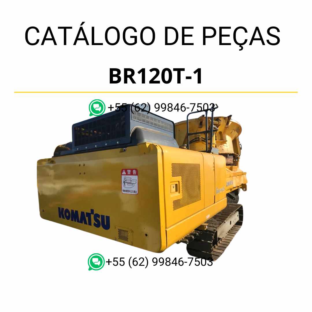Catálogo de peças Komatsu BR120T-1 em PDF, com ilustrações técnicas e identificação detalhada dos componentes do triturador e reciclador.