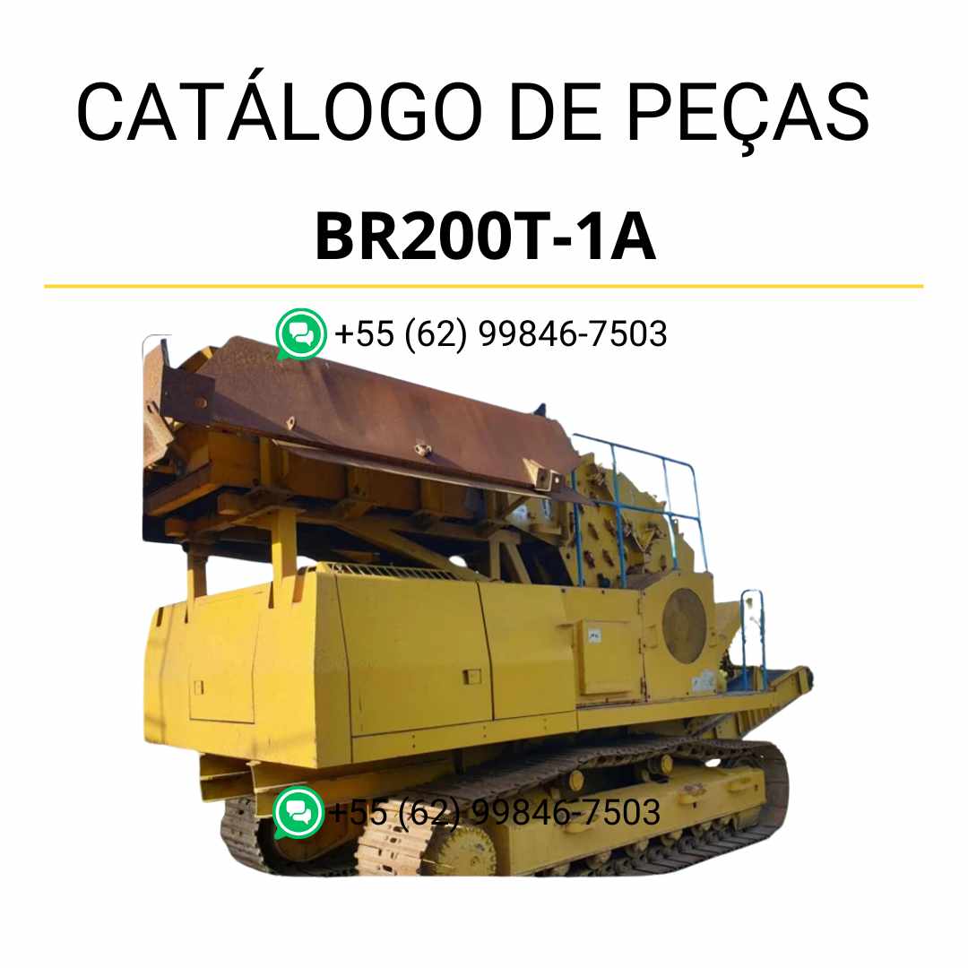 Catálogo de peças Komatsu BR200T-1A em PDF, com ilustrações técnicas e identificação detalhada dos componentes do triturador e reciclador.