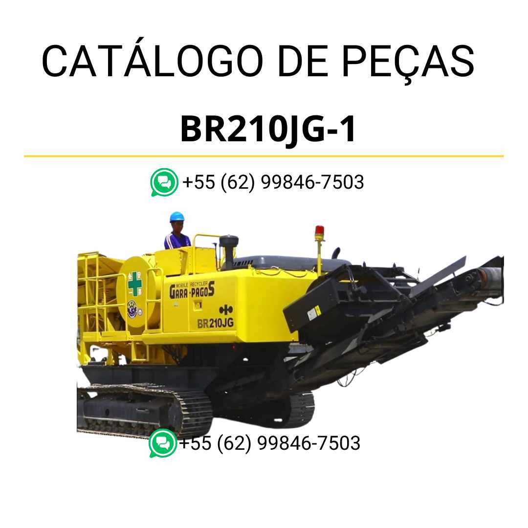 Catálogo de peças Komatsu BR210JG-1 em PDF, com ilustrações técnicas e identificação detalhada dos componentes do triturador e reciclador.
