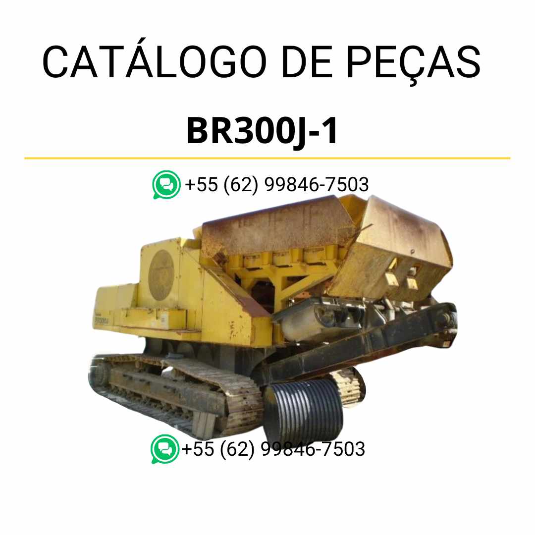 Catálogo de peças Komatsu BR300J-1 em PDF, com ilustrações técnicas e identificação detalhada dos componentes do triturador e reciclador.