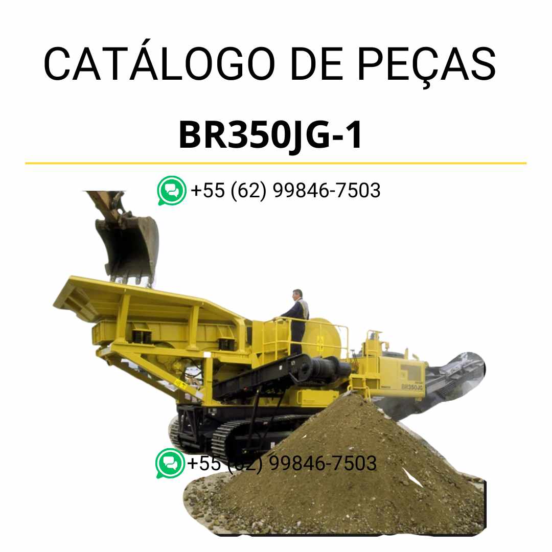Catálogo de peças Komatsu BR350JG-1 em PDF, com ilustrações técnicas e identificação detalhada dos componentes do triturador e reciclador.