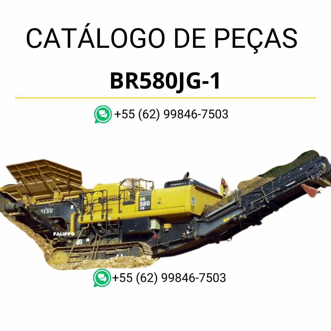 Catálogo de peças Komatsu BR580JG-1 em PDF, com ilustrações técnicas e identificação detalhada dos componentes do triturador e reciclador.