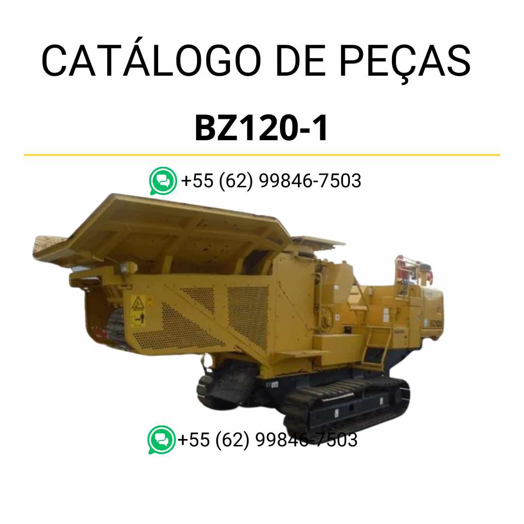 Catálogo de peças Komatsu BZ120-1 em PDF, com ilustrações técnicas e identificação dos componentes do triturador e reciclador.