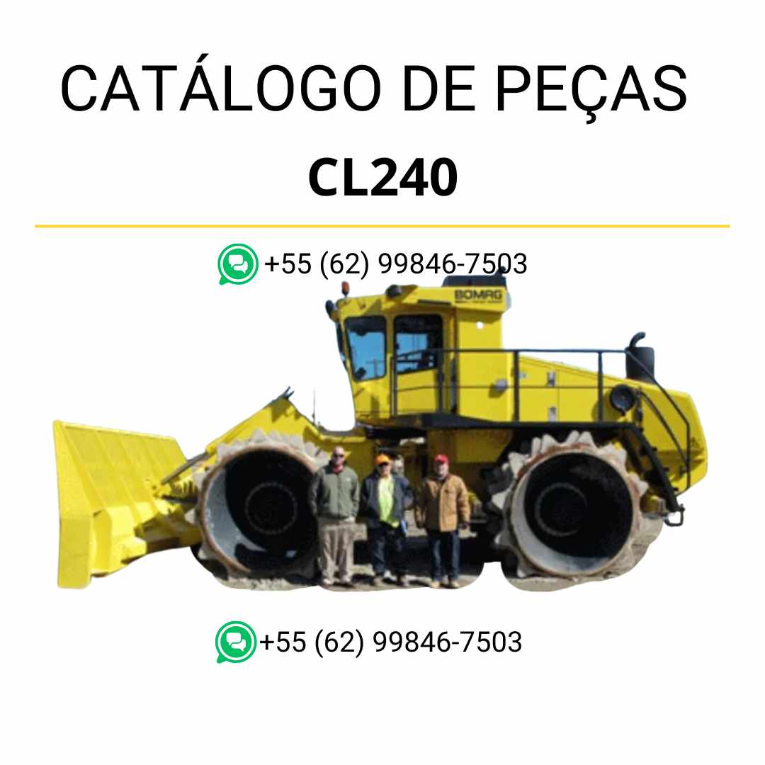 Catálogo de peças Komatsu CL240 em PDF com ilustrações técnicas e identificação detalhada dos componentes do compactador e carregador.