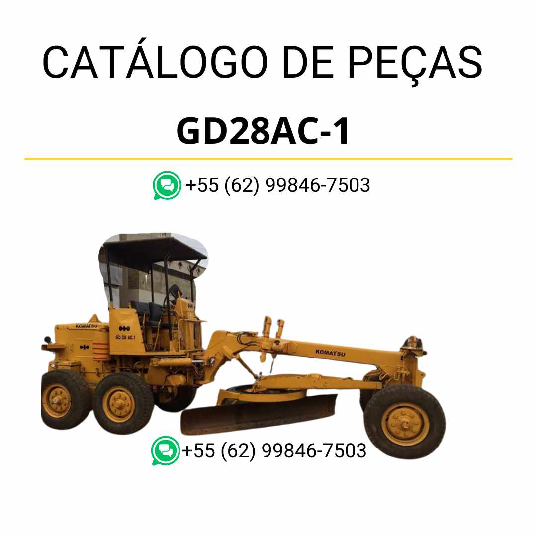Catálogo de peças Komatsu GD28AC-1 em PDF, com ilustrações técnicas e identificação organizada dos componentes da motoniveladora.