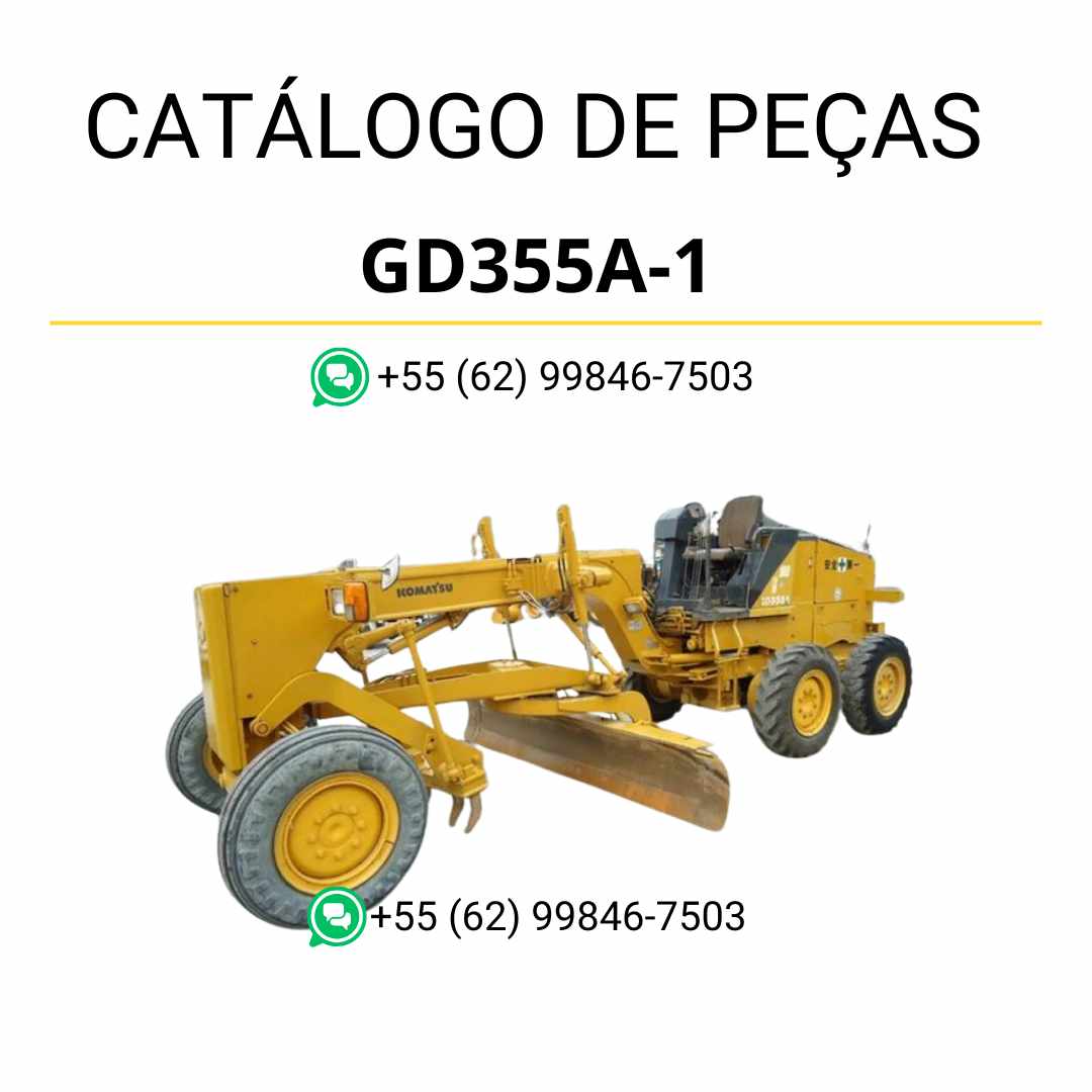 Catálogo de peças Komatsu GD355A-1 em PDF, com ilustrações técnicas e relação detalhada dos componentes da motoniveladora.