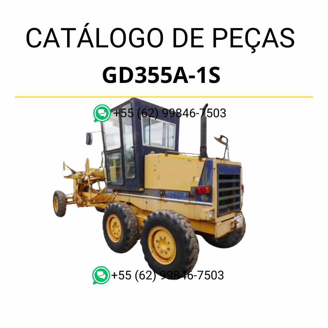 Catálogo de peças Komatsu GD355A-1S em PDF, com diagramas técnicos e identificação organizada dos componentes da motoniveladora.