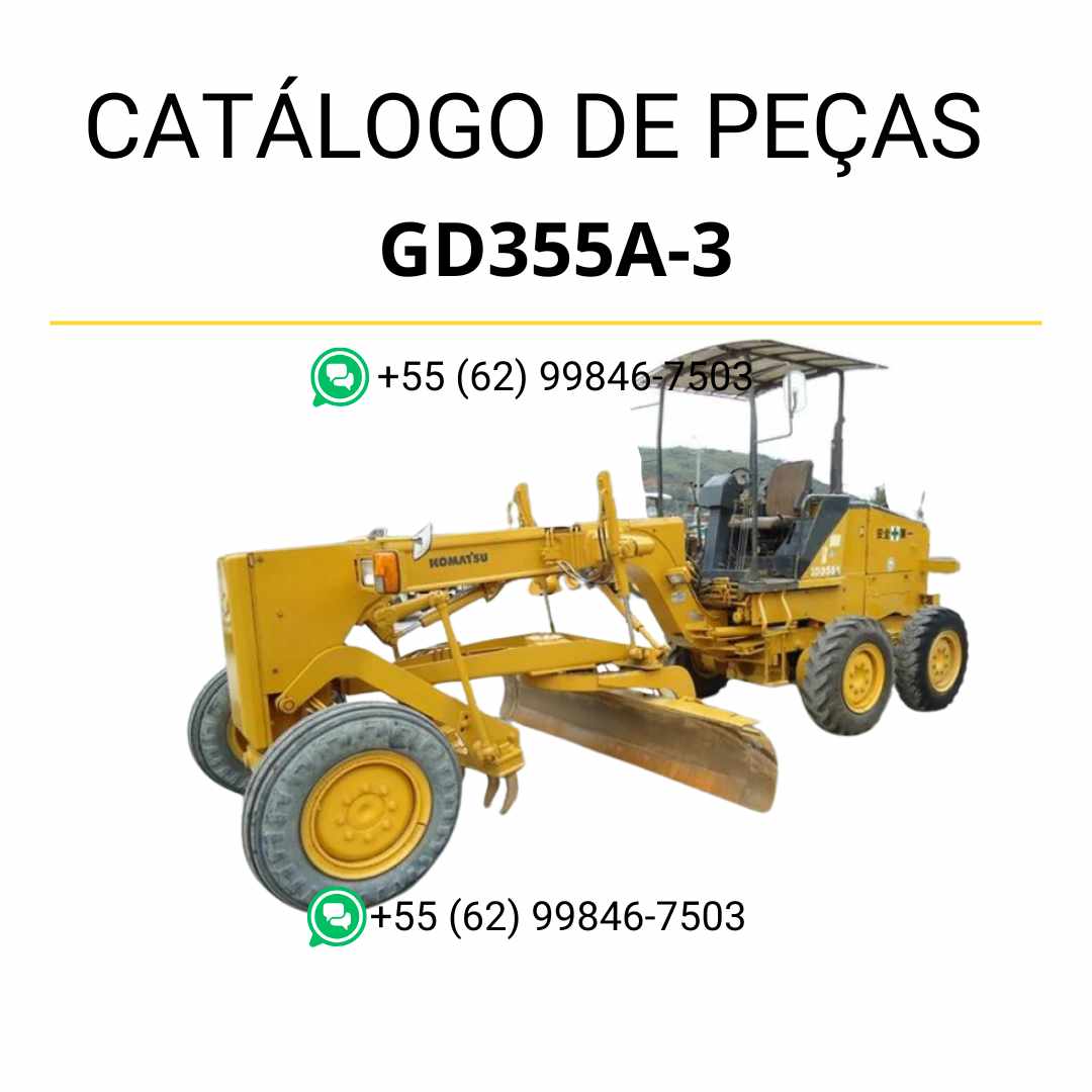 Catálogo de peças Komatsu GD355A-3 em PDF, com ilustrações técnicas e identificação detalhada dos componentes da motoniveladora.