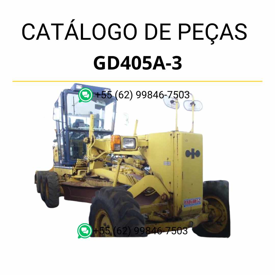 Catálogo de peças Komatsu GD405A-3 em PDF, com diagramas técnicos e identificação organizada dos componentes da motoniveladora.