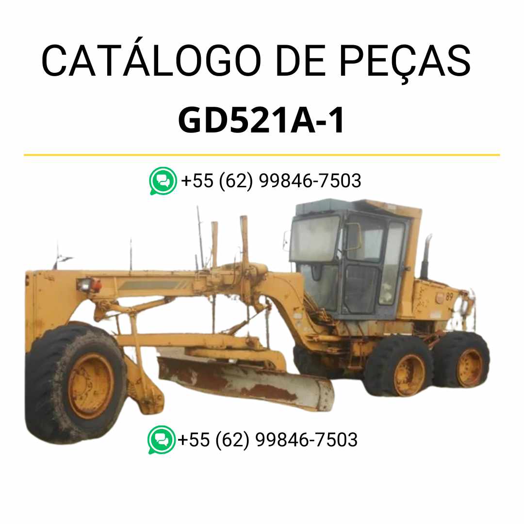 Catálogo de peças Komatsu GD521A-1E em PDF, com ilustrações técnicas e identificação completa dos componentes da motoniveladora.