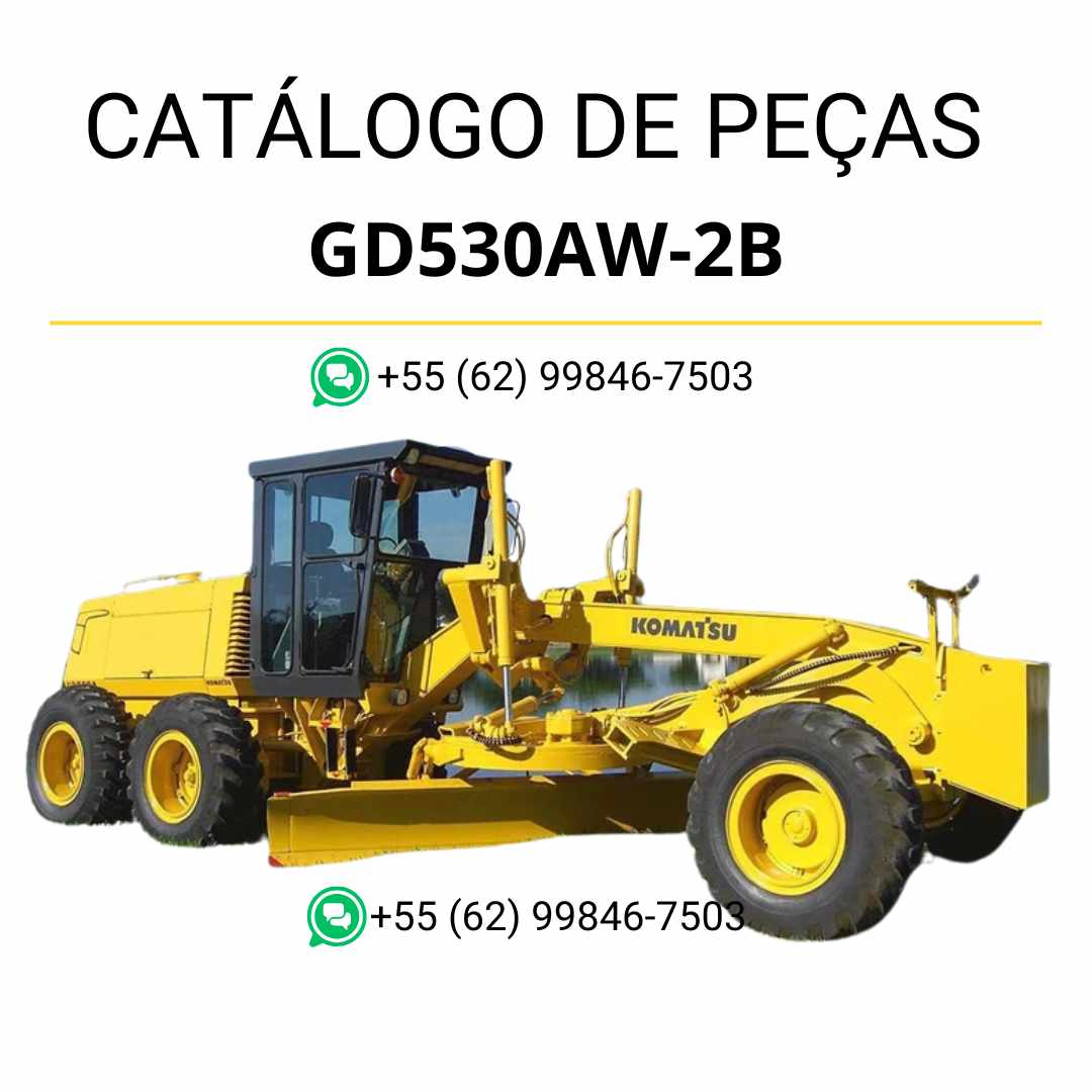 Catálogo de peças Komatsu GD530A e GD530AW-2B em PDF, com ilustrações técnicas e identificação organizada dos componentes da motoniveladora.