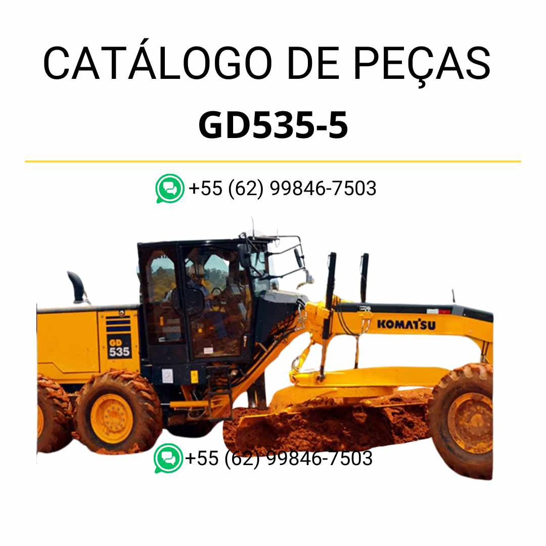 Catálogo de peças Komatsu GD535-5 em PDF, com esquemas ilustrados e identificação técnica dos principais componentes da motoniveladora.