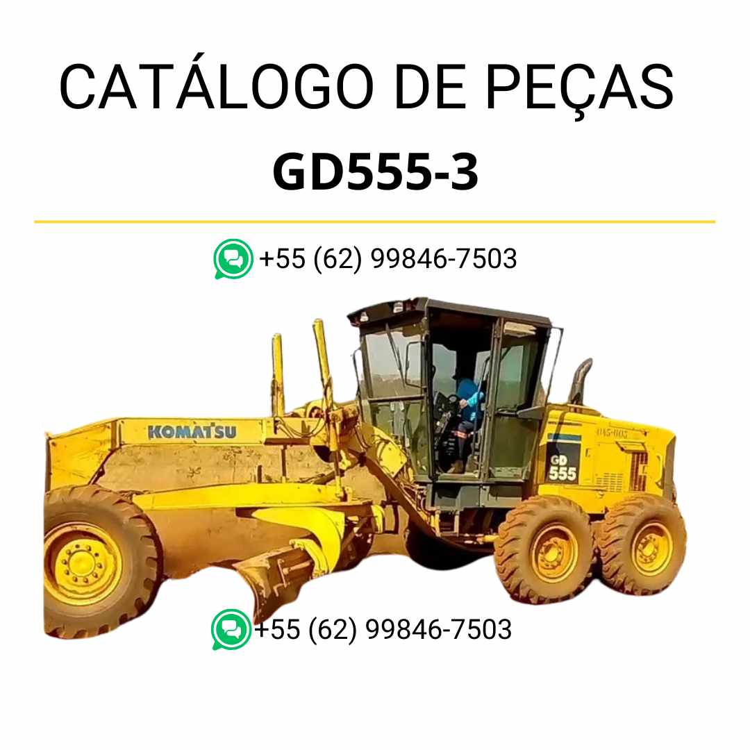 Catálogo de peças Komatsu GD555-3 em PDF, com ilustrações técnicas detalhadas e lista completa de componentes da motoniveladora.