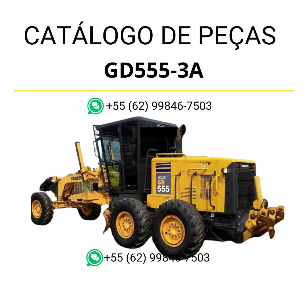 Catálogo de peças Komatsu GD555-3A em PDF, com diagramas técnicos e identificação organizada dos conjuntos da motoniveladora.