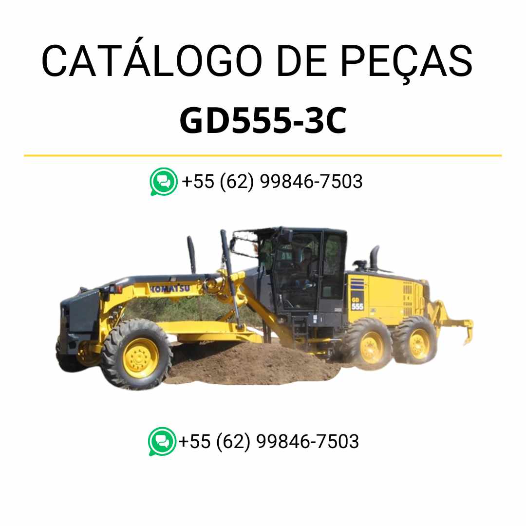 Catálogo de peças Komatsu GD555-3C em PDF, reunindo ilustrações técnicas e relação detalhada de componentes da motoniveladora.