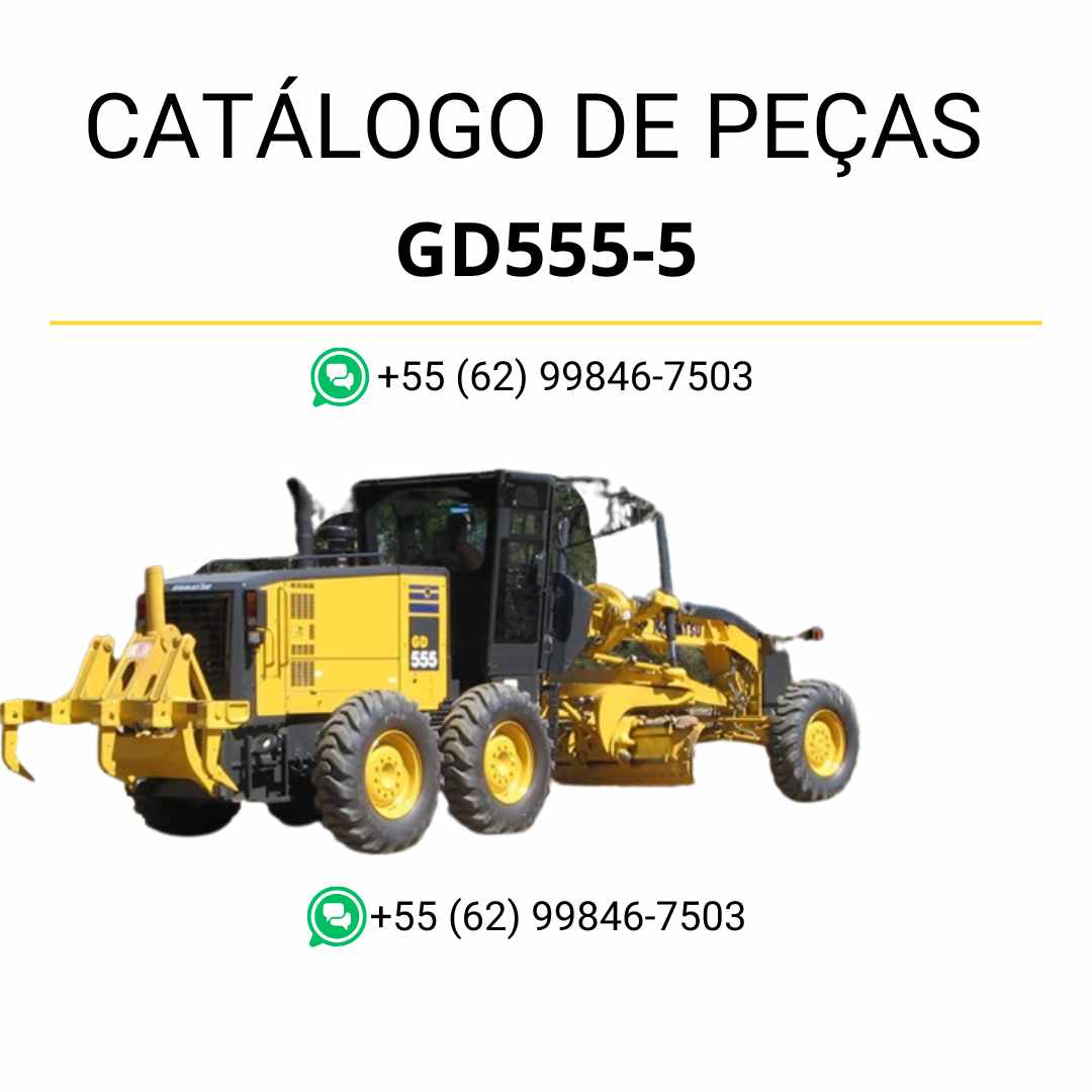 Catálogo de peças Komatsu GD555-5 em PDF, com esquemas ilustrados e lista de componentes originais para manutenção da motoniveladora.