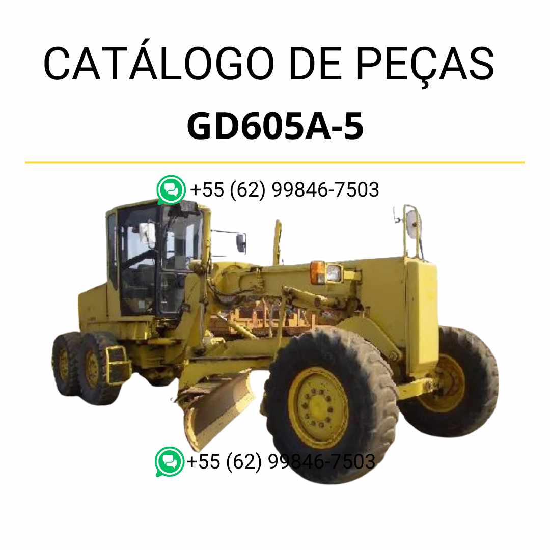 Catálogo de peças Komatsu GD605A-5 em PDF, apresentando ilustrações técnicas e listagem organizada de componentes da motoniveladora.