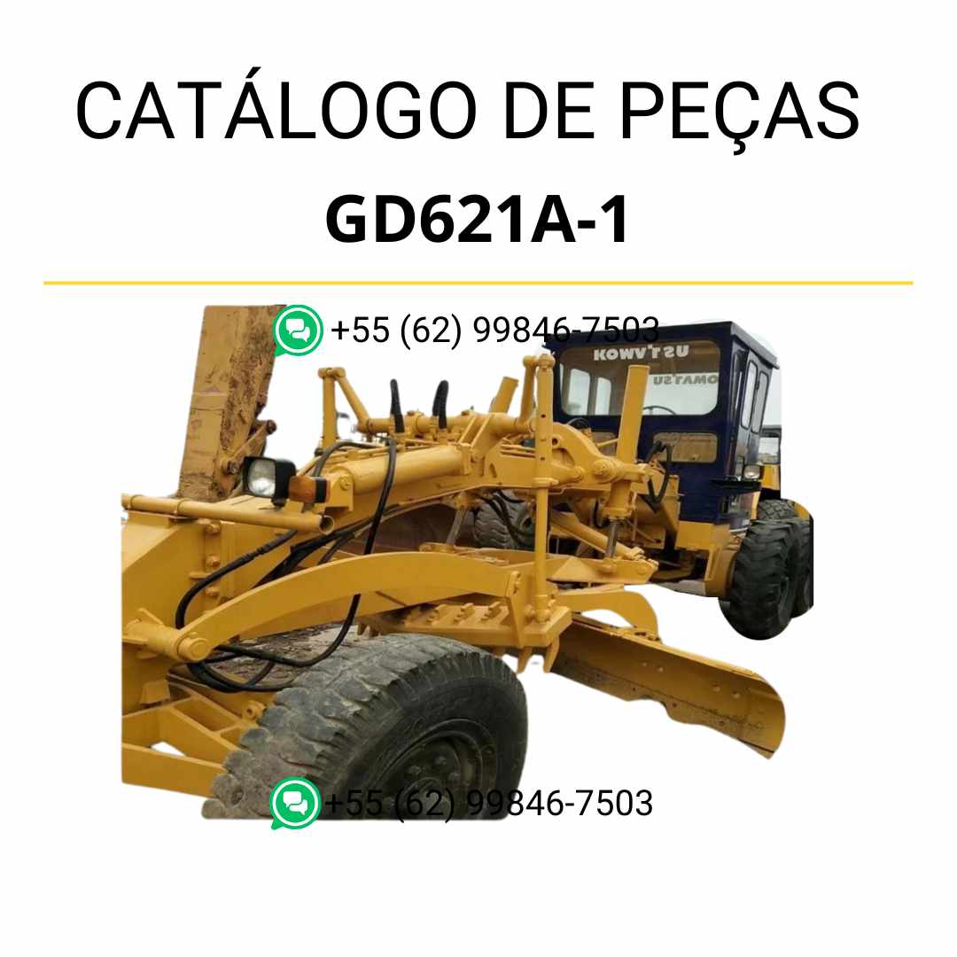 Catálogo de peças Komatsu GD621A-1 em PDF, com vistas explodidas e relação completa de componentes originais da motoniveladora.
