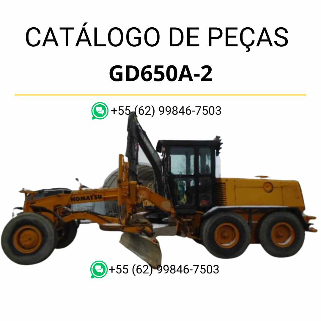 Catálogo de peças Komatsu GD650A-2 Motoniveladora em PDF — inclui diagramas técnicos, vistas explodidas e lista completa de peças originais para manutenção e reparo.