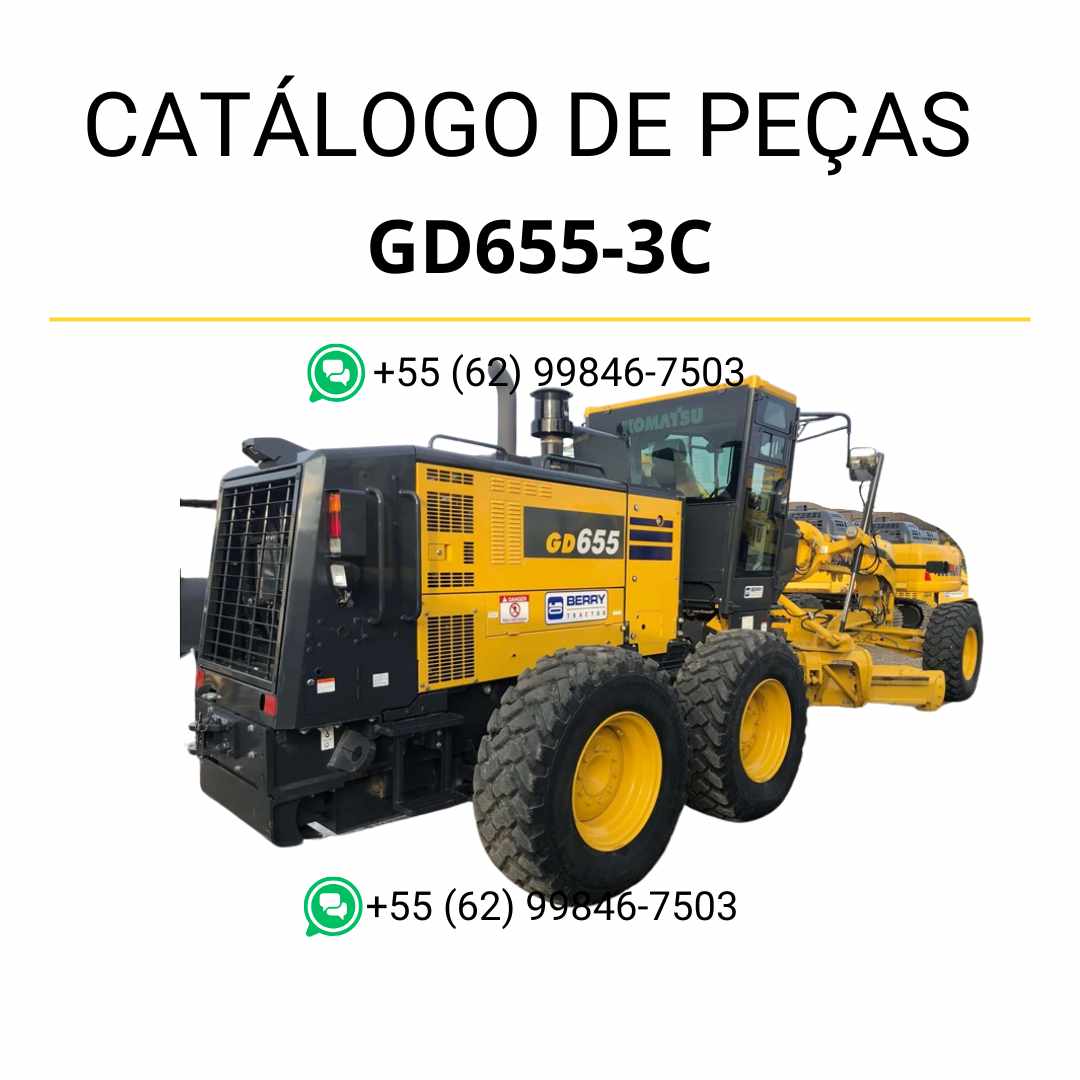 Catálogo de peças Komatsu GD655-3C em PDF para motoniveladoras, com diagramas ilustrativos e identificação detalhada de peças originais