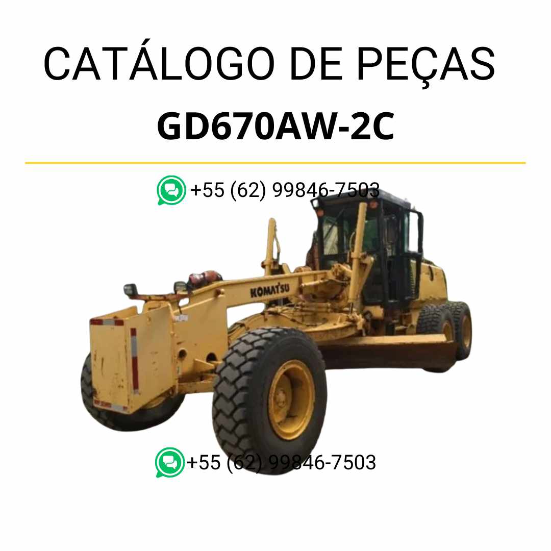 Catálogo de peças Komatsu GD670AW-2B e GD670AW-2C Motoniveladora em PDF — traz diagramas técnicos detalhados, vistas explodidas e lista completa de peças originais para manutenção e reparos precisos.