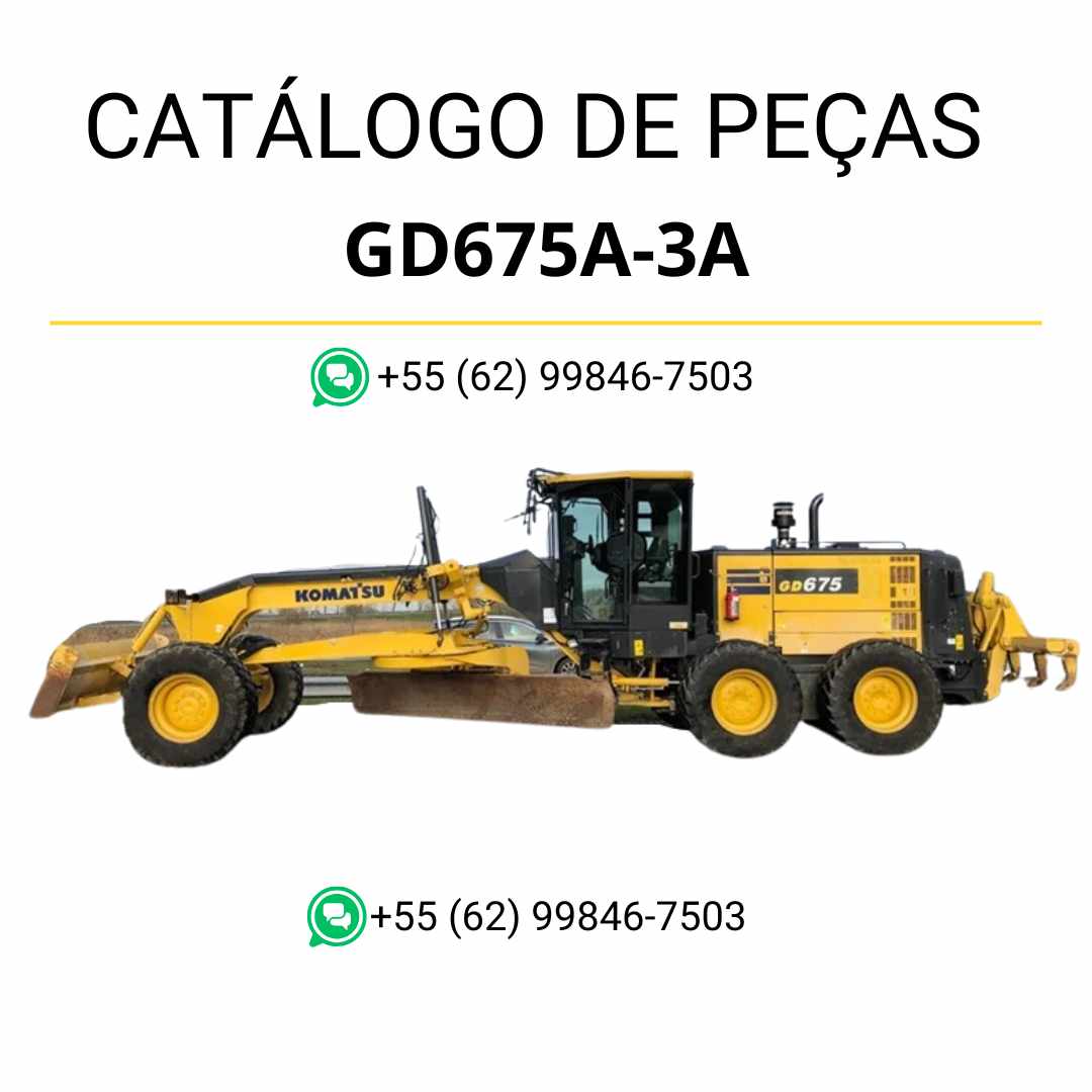 Catálogo de peças Komatsu GD675A-3A em PDF para motoniveladoras, com ilustrações técnicas e lista detalhada de componentes originais