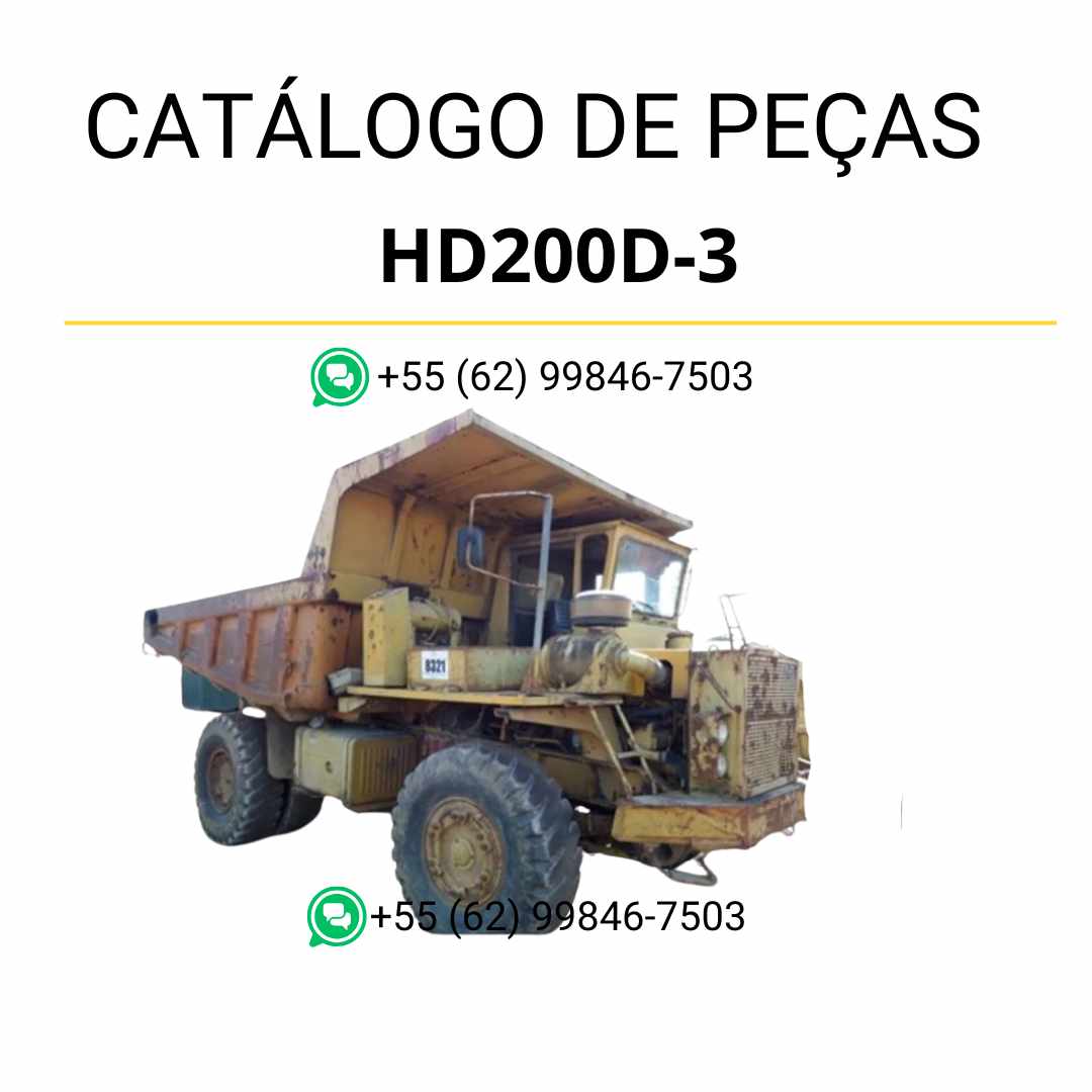Catálogo de peças Komatsu HD200D-3 em PDF com vistas explodidas e lista detalhada de componentes para caminhões basculantes