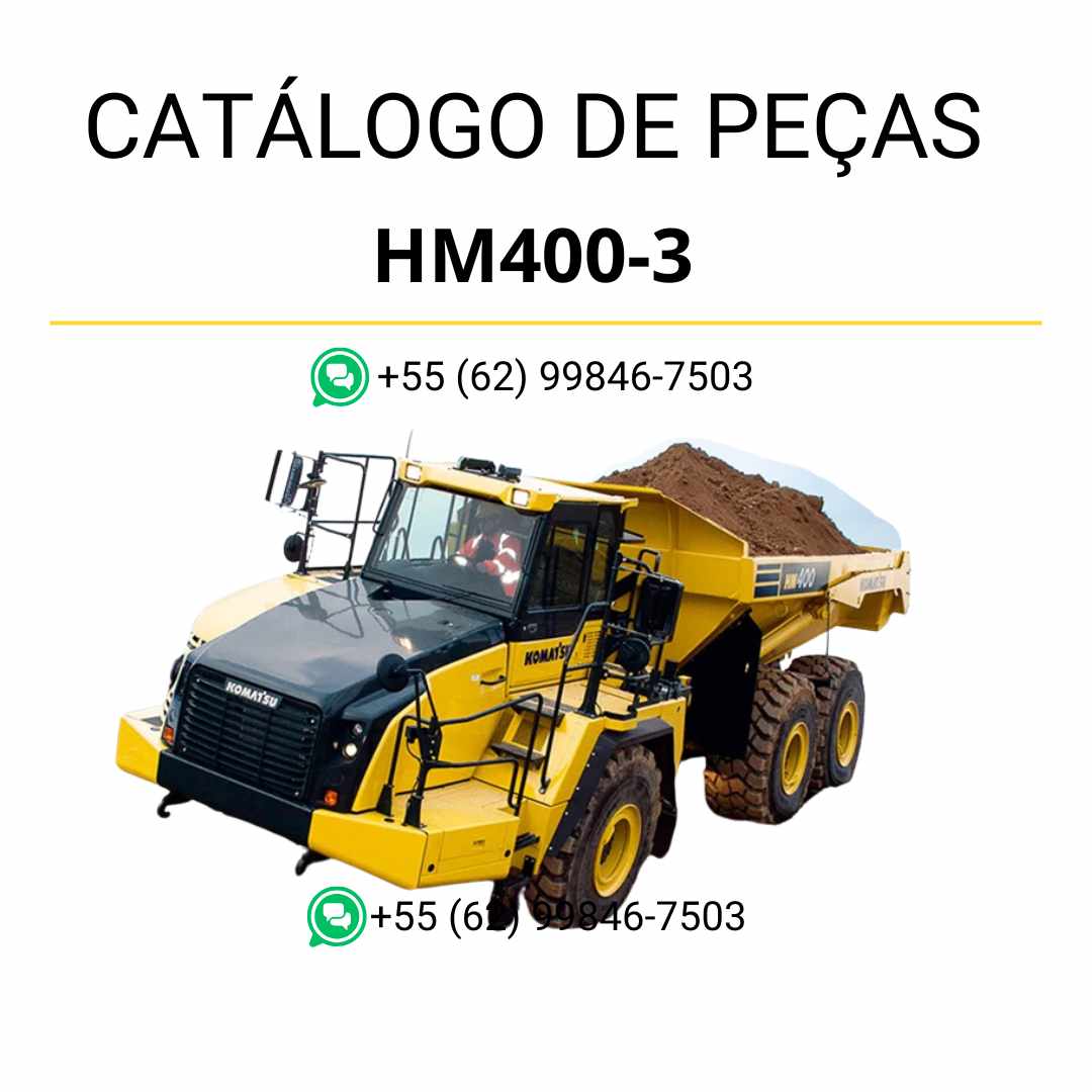 Catálogo de peças Komatsu HM400-3 em PDF, com ilustrações técnicas e identificação detalhada dos componentes do caminhão basculante.