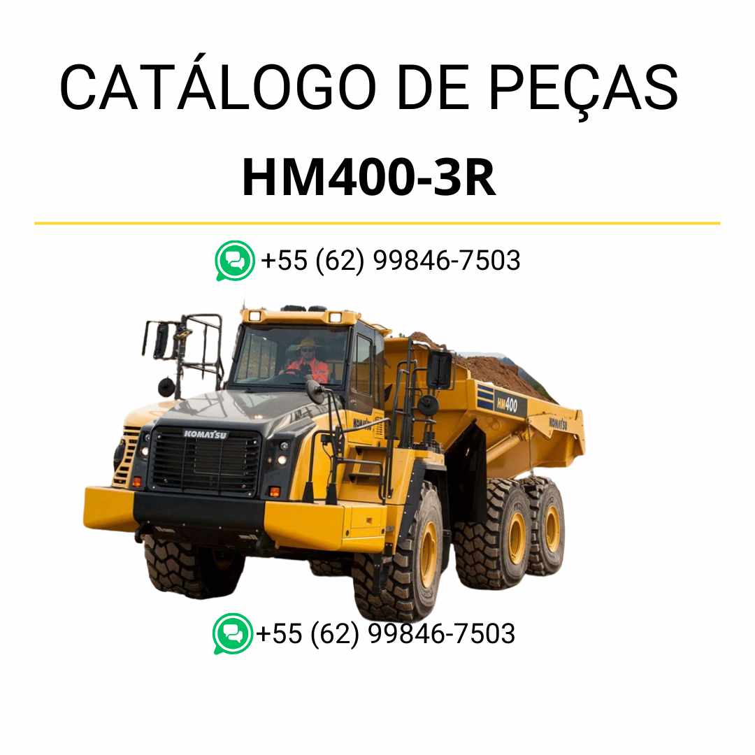Catálogo de peças Komatsu HM400-3R em PDF, com ilustrações técnicas e relação detalhada de componentes do caminhão basculante.