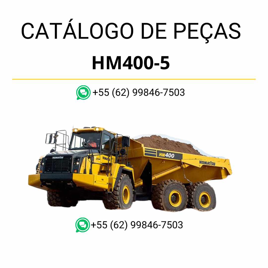 Catálogo de peças Komatsu HM400-5 em PDF, com ilustrações técnicas e identificação dos componentes do caminhão basculante.