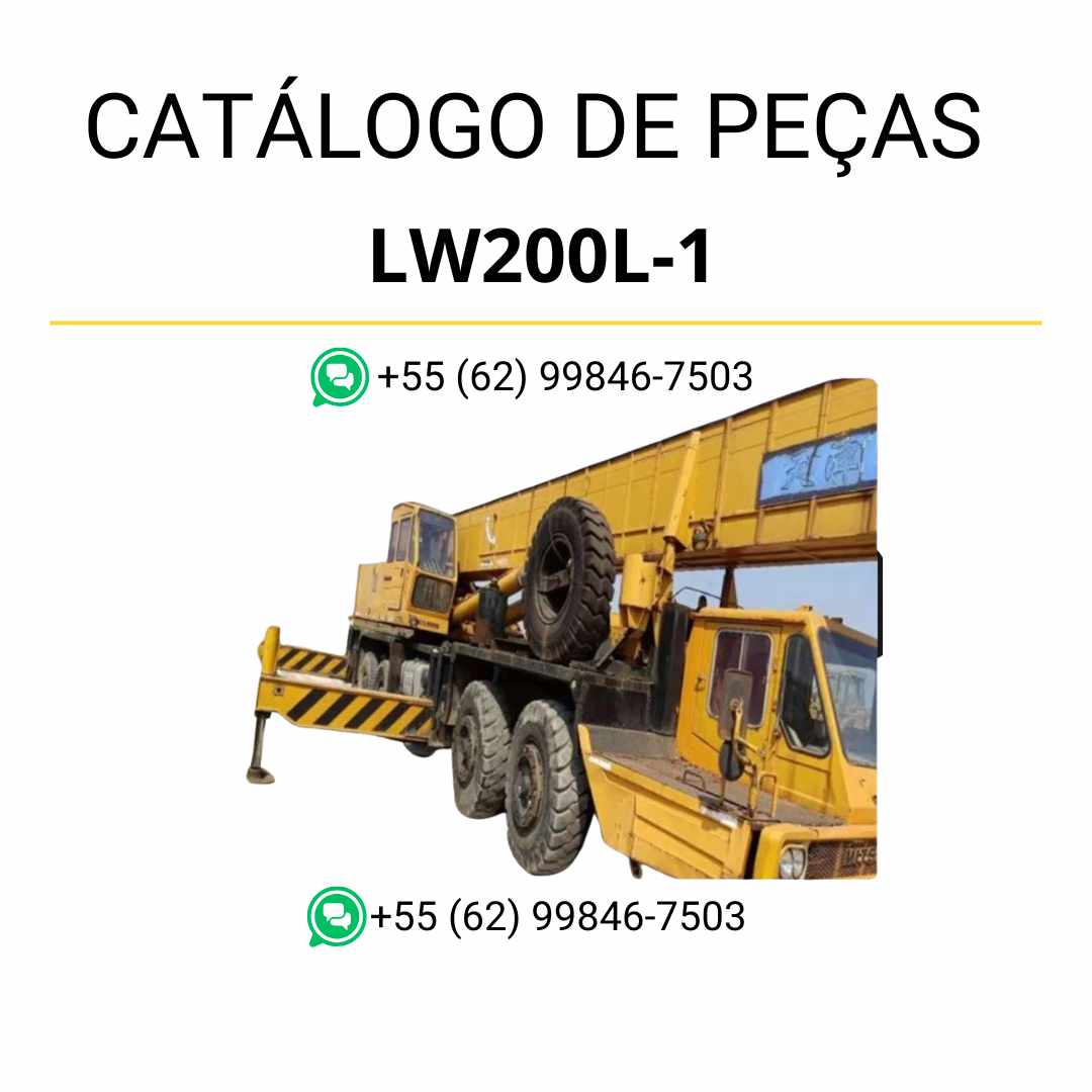 Catálogo de peças Komatsu LW200L-1 em PDF, com ilustrações técnicas e identificação detalhada dos componentes do guindaste móvel.