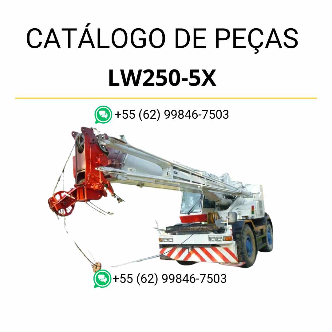 Catálogo de peças Komatsu LW250-5X em PDF, com ilustrações técnicas e identificação detalhada dos componentes do guindaste móvel.