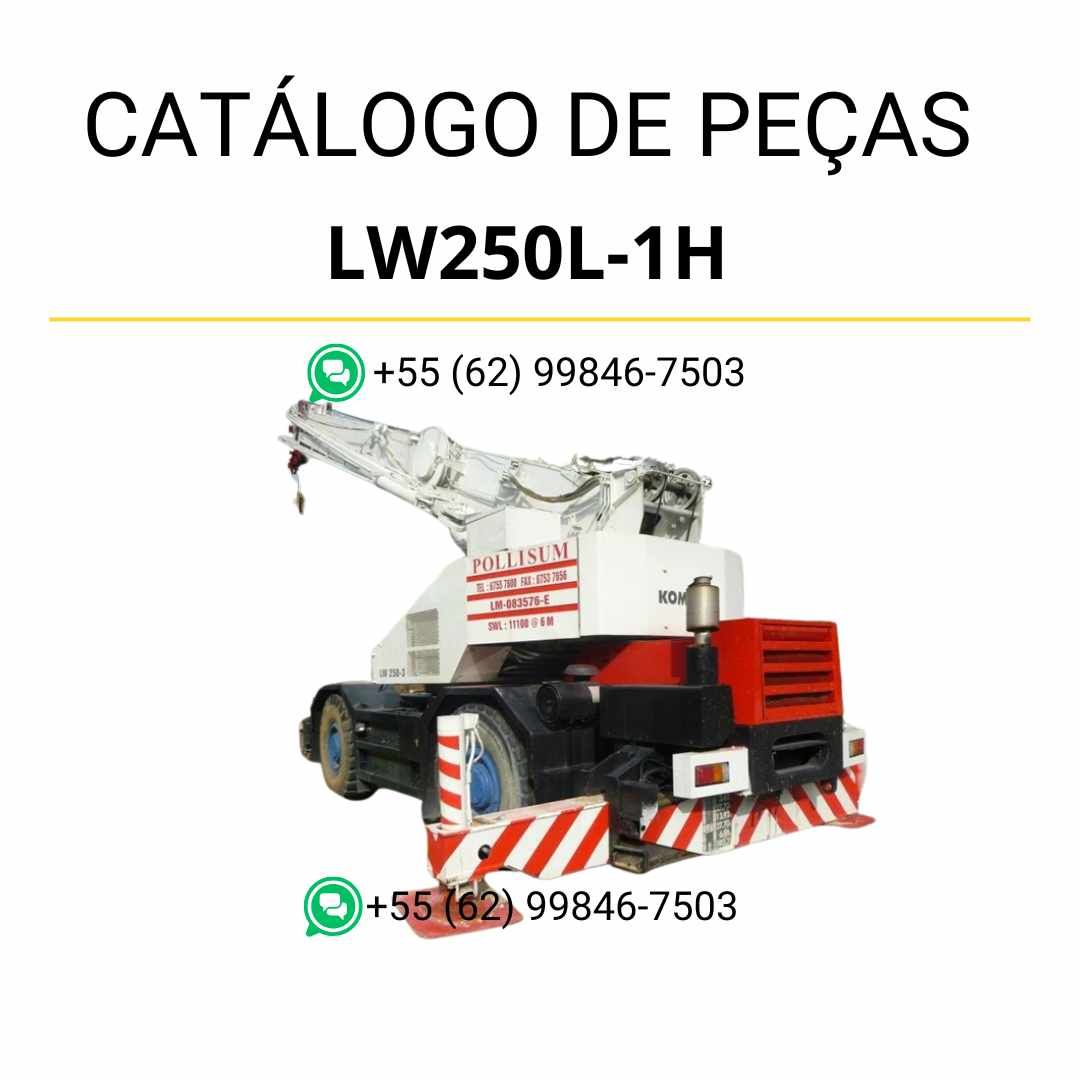 Catálogo de peças Komatsu LW250L-1H em PDF, com ilustrações técnicas e identificação organizada dos componentes do guindaste móvel.