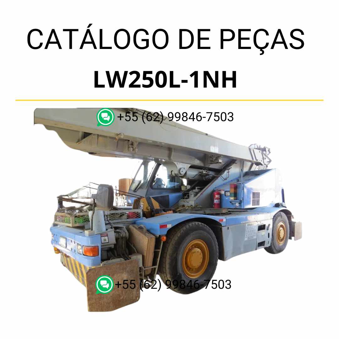 Catálogo de peças Komatsu LW250L-1NH em PDF, com ilustrações técnicas e identificação detalhada dos componentes do guindaste móvel.