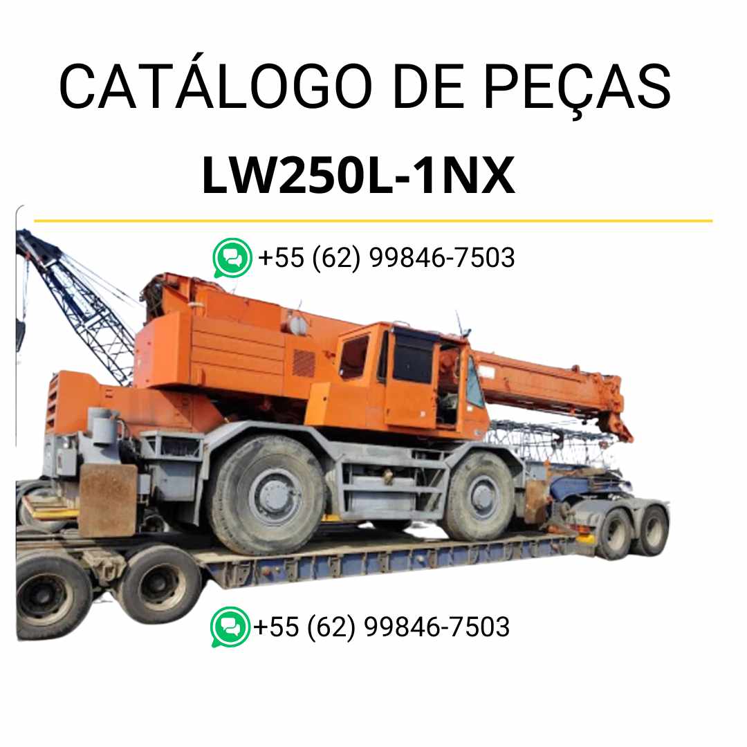 Catálogo de peças Komatsu LW250L-1NX em PDF, com ilustrações técnicas e identificação dos componentes do guindaste móvel.