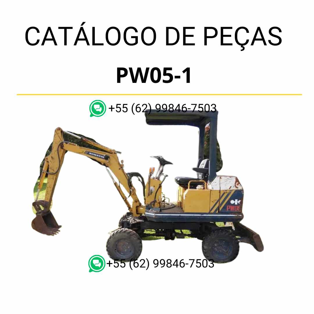 Catálogo de peças Komatsu PW05-1 em PDF, com diagramas técnicos e identificação detalhada dos componentes da escavadeira de rodas.
