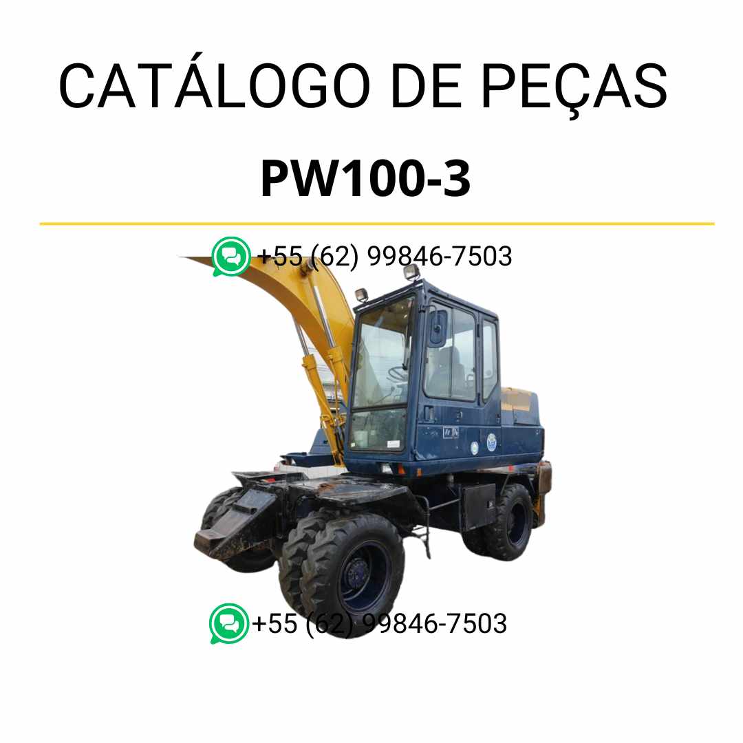 Catálogo de peças Komatsu PW100-3 em PDF, com diagramas completos e identificação técnica dos componentes da escavadeira de rodas.