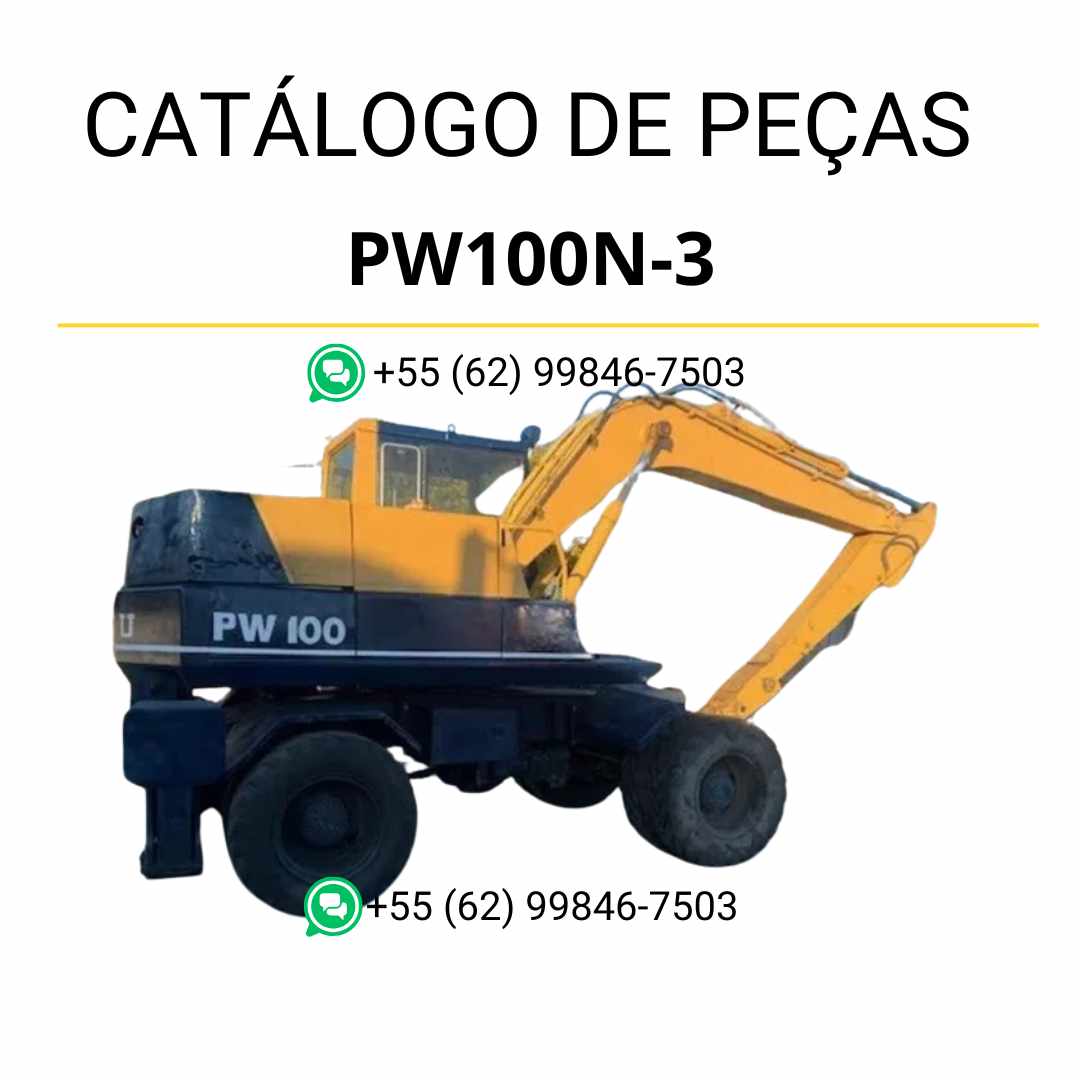Catálogo de peças Komatsu PW100N-3 em PDF, trazendo diagramas técnicos e identificação detalhada dos componentes da escavadeira de rodas.