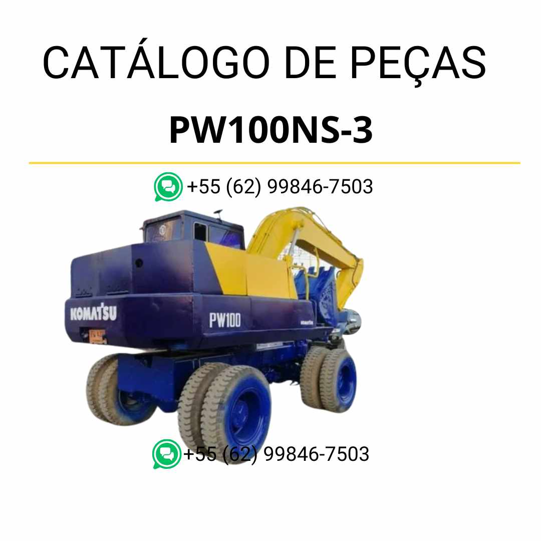 Catálogo de peças Komatsu PW100NS-3 em PDF, com diagramas completos e identificação detalhada dos componentes da escavadeira de rodas.