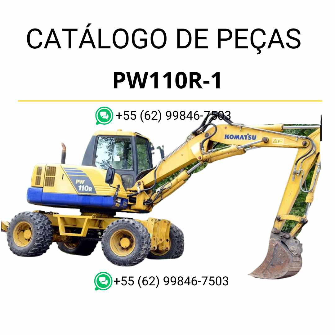 Catálogo de peças Komatsu PW110R-1 em PDF, apresentando diagramas detalhados e identificação técnica dos componentes da escavadeira de rodas.