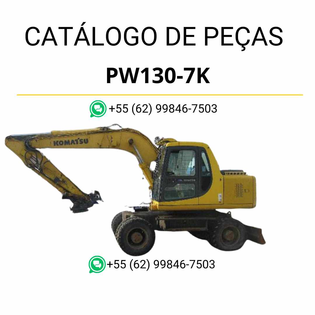 Catálogo de peças Komatsu PW130-7K em PDF, com ilustrações técnicas e identificação detalhada dos componentes da escavadeira de rodas.