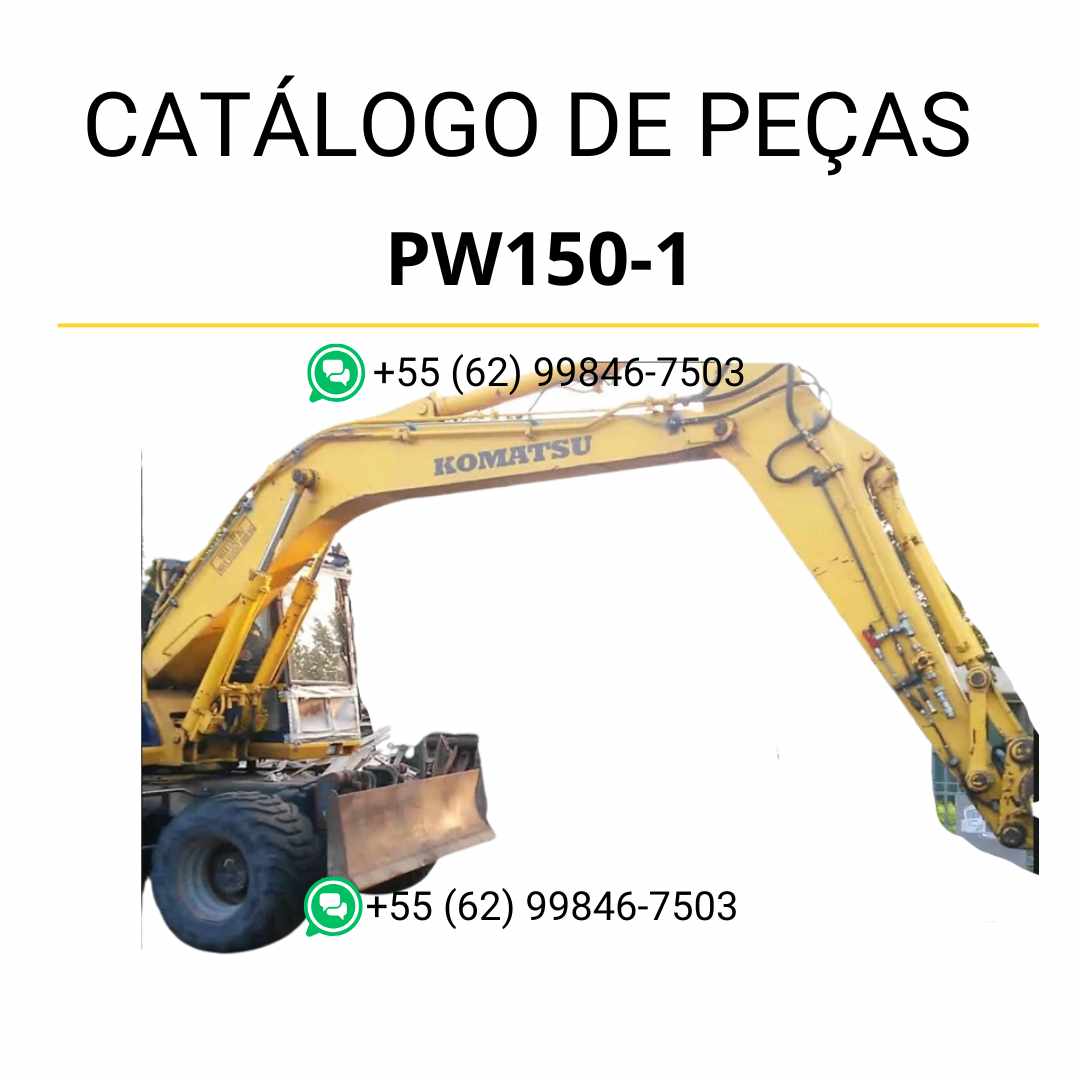 Catálogo de peças Komatsu PW150-1 em PDF, com diagramas técnicos e identificação completa dos componentes da escavadeira de rodas.